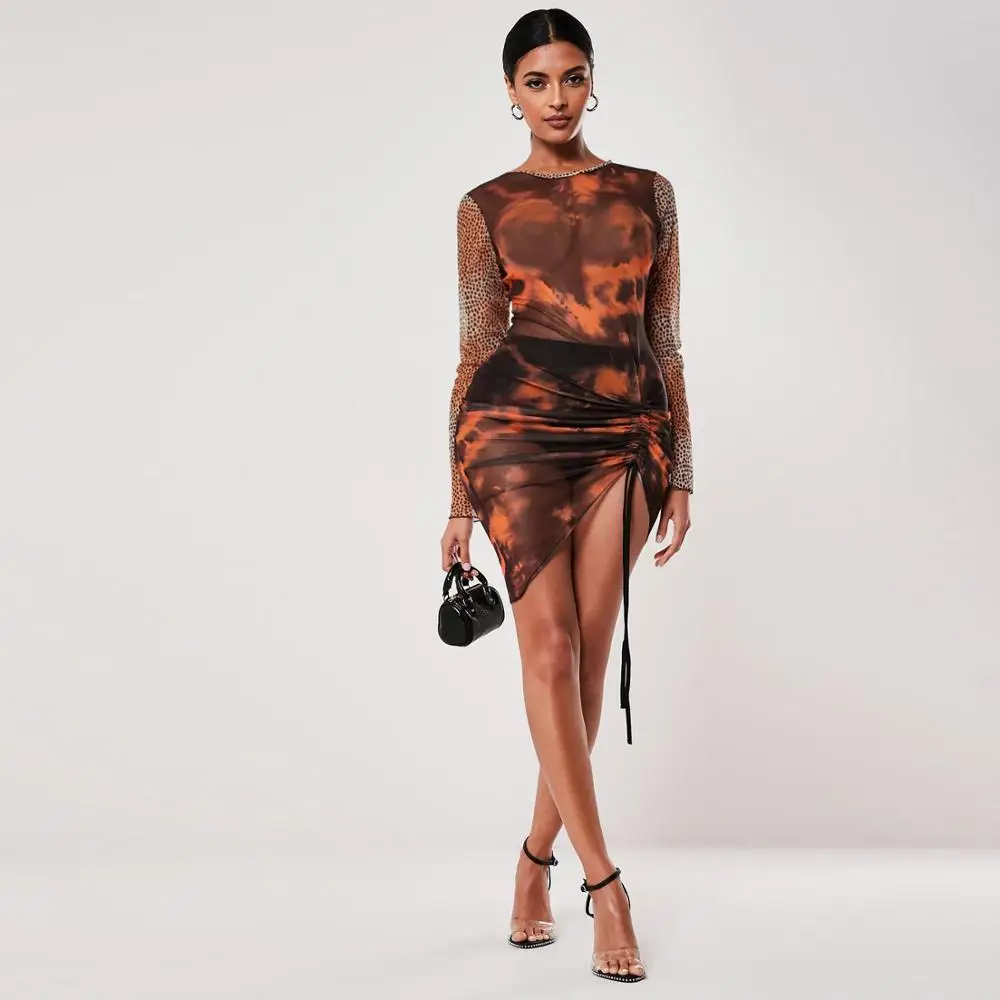 

Sexy Leopard Print Patchwork Sheer Mesh Irregular Drawsting Dress Long Sleeve Bandage Slinky Bodycon Party Dress Christmas Dress