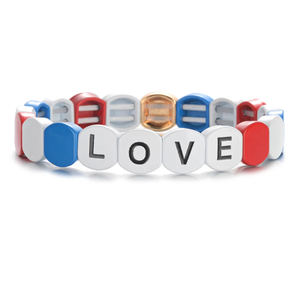Романтическое письмо любовь ромб плитка браслет на эластичной веревке эмаль