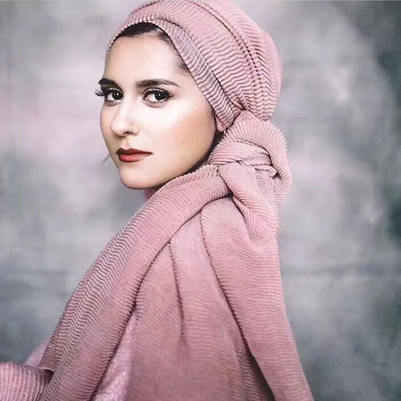 

2021 spring vertical stripes crumpled pearl cotton linen muslim turban ladies scarf gauze long scarf veil 21 color options