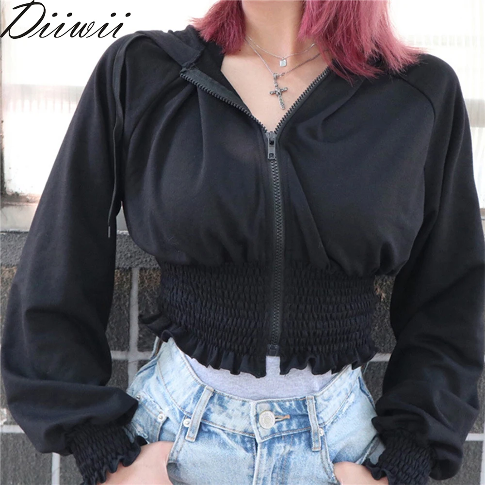 

DiiWii Womens New Long Sleeved Hooded Zippered Pleated Hoodie Jacket