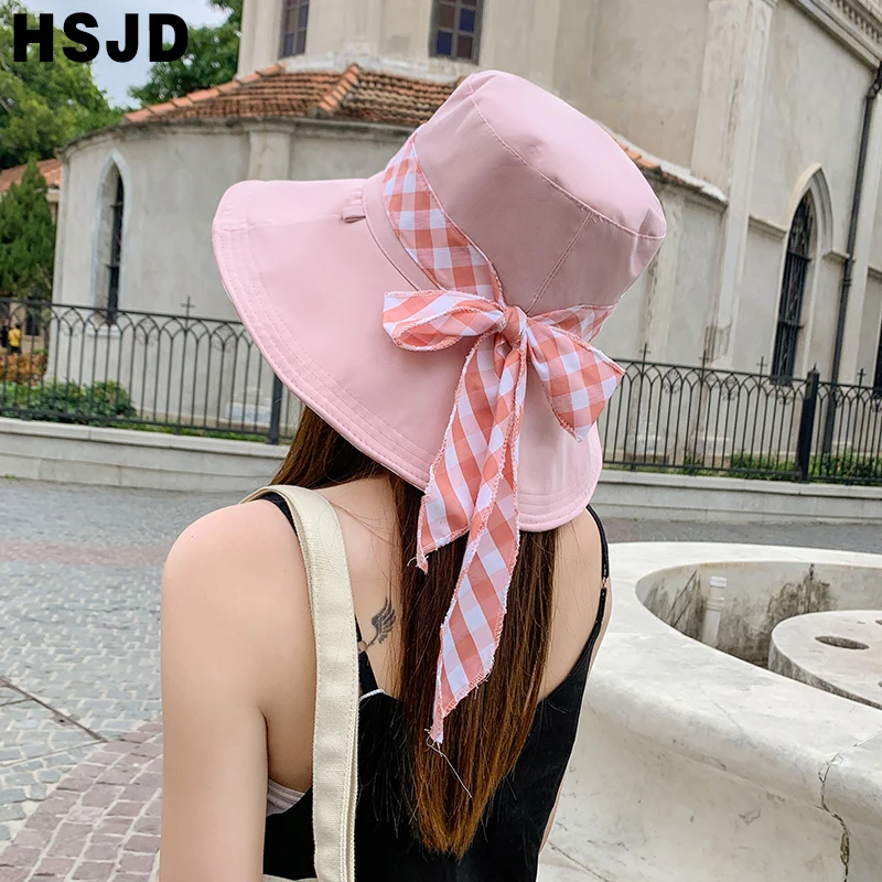 New Double Sided Plaid Bow Summer Sun Hats For Women Wide Brim Foldable Anti-UV Beach Hat Fashion Female Holiday Sunshade Cap