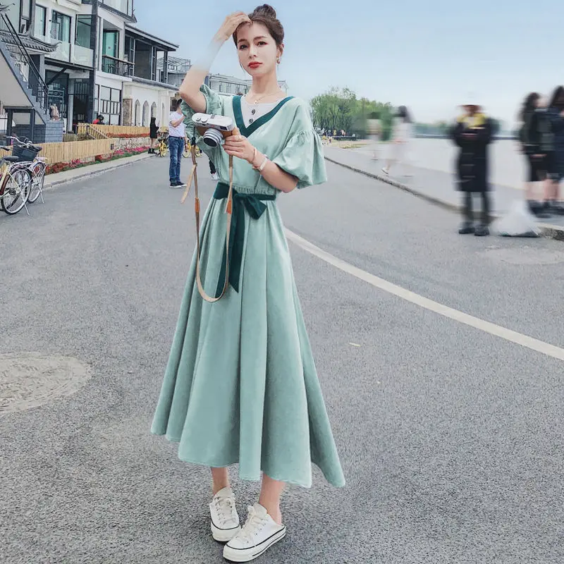 

Dress women fashion casual summer 2021 new waist slimming long skirt French retro skirt