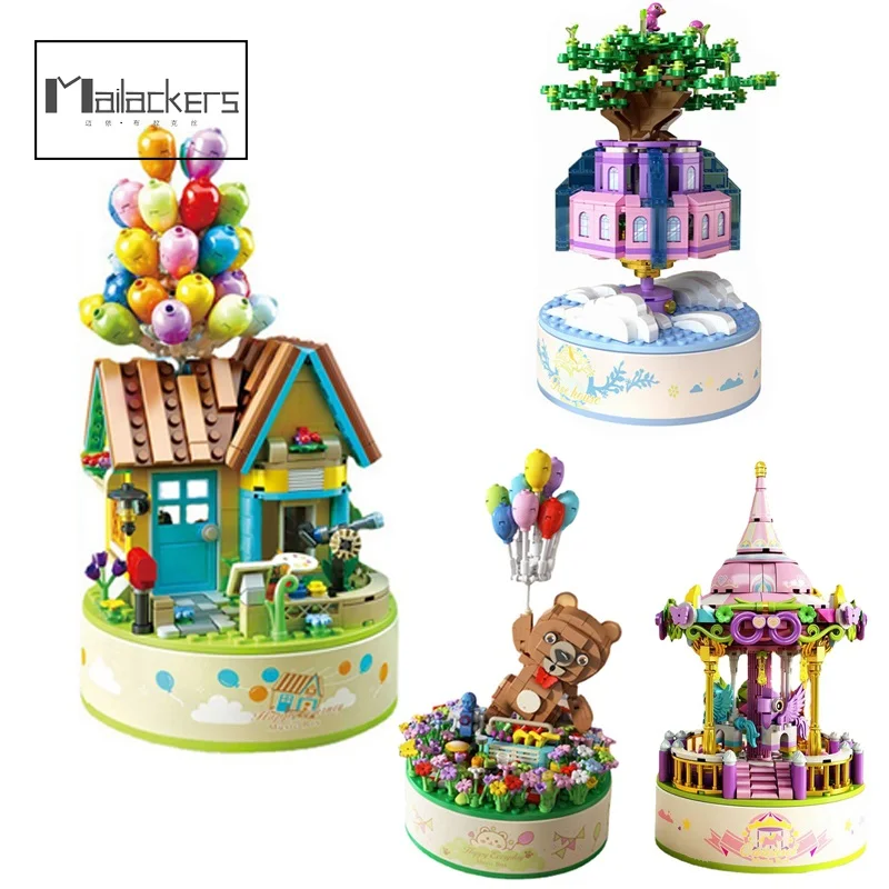 

Mailackers Aerial City Music Box Flying Balloon House Model Sets Building Blocks Friends Carousel Assemble Toy For Girls Kids