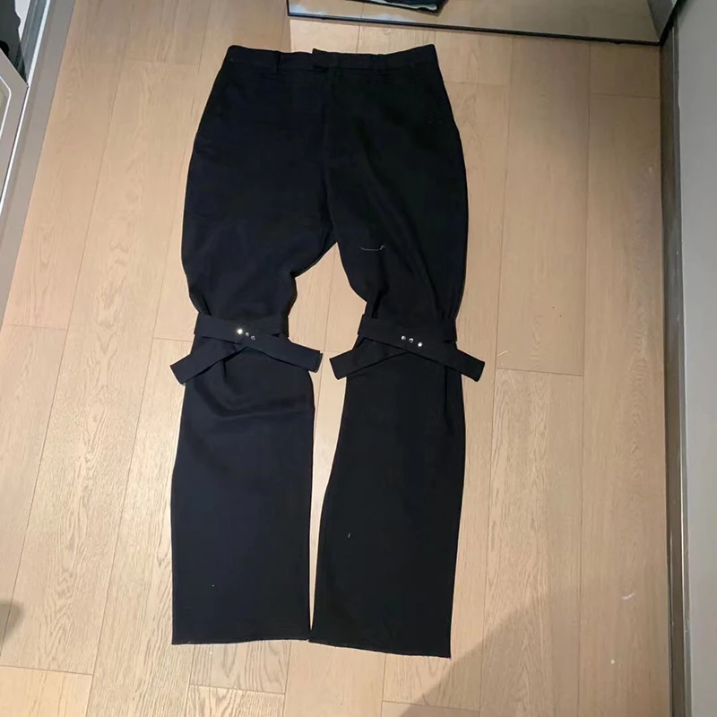 

Harajuku Knee Straps Straight Casual Suit Pants Men's Solid Black Loose Streetwear Trousers Hip Hop Baggy Flare Pants