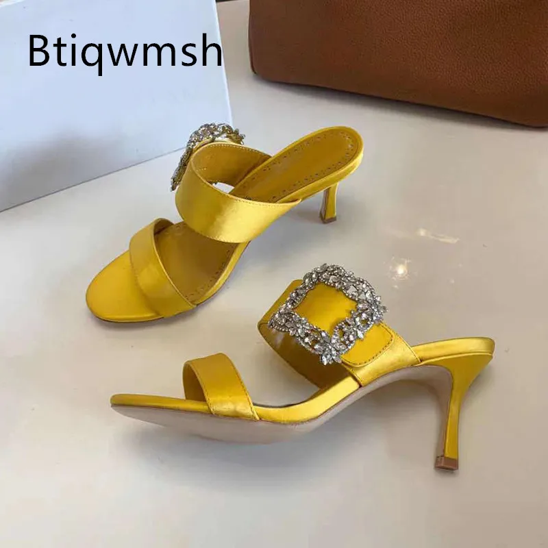 

Green Luxury Satin Sandals Women Open Toe Rhinestone Diamond High Heel Shoes Woman Sexy Mules Party Shoes