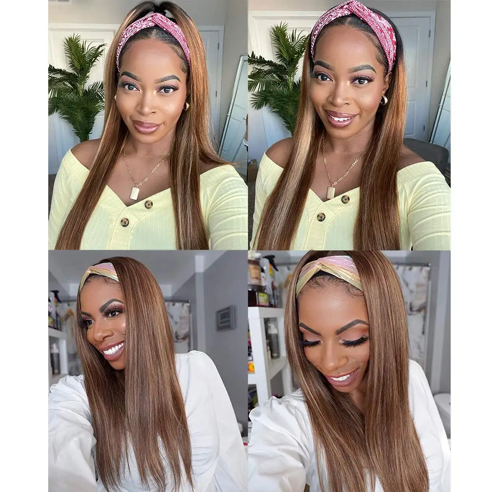 

Highlight Headband Wigs For Women Synthetic Long Straight Wig Ombre Brown Blonde Brazilian Hair With Headband Party Daily Use