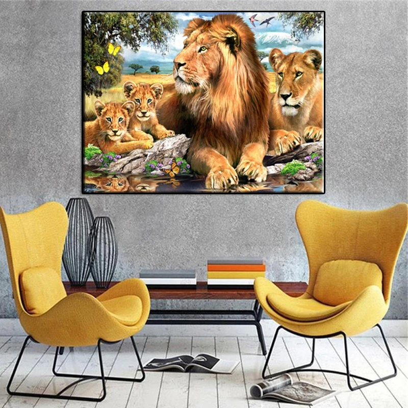 

5d Diy Diamond Painting Family Of Lions On The Grassland Full Square Drill Picture Of Rhinestone Diamond Mosaic Diy Home Decor