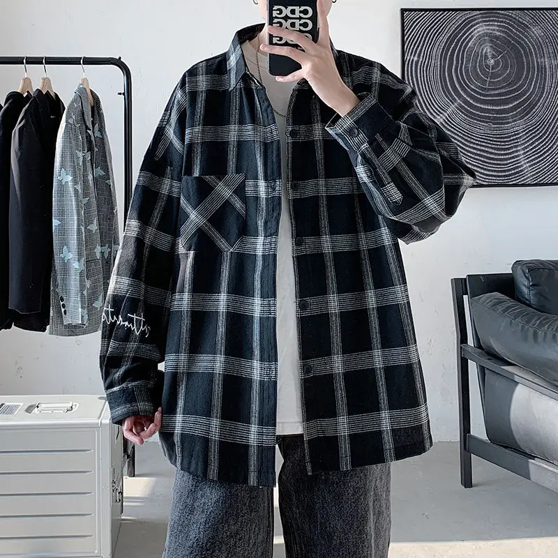 

Spring Cotton Plaid Shirt Men's Fashion Retro Casual Shirt Men Streetwear Korean Loose Oversize Long Sleeve Shirts Mens M-2XL