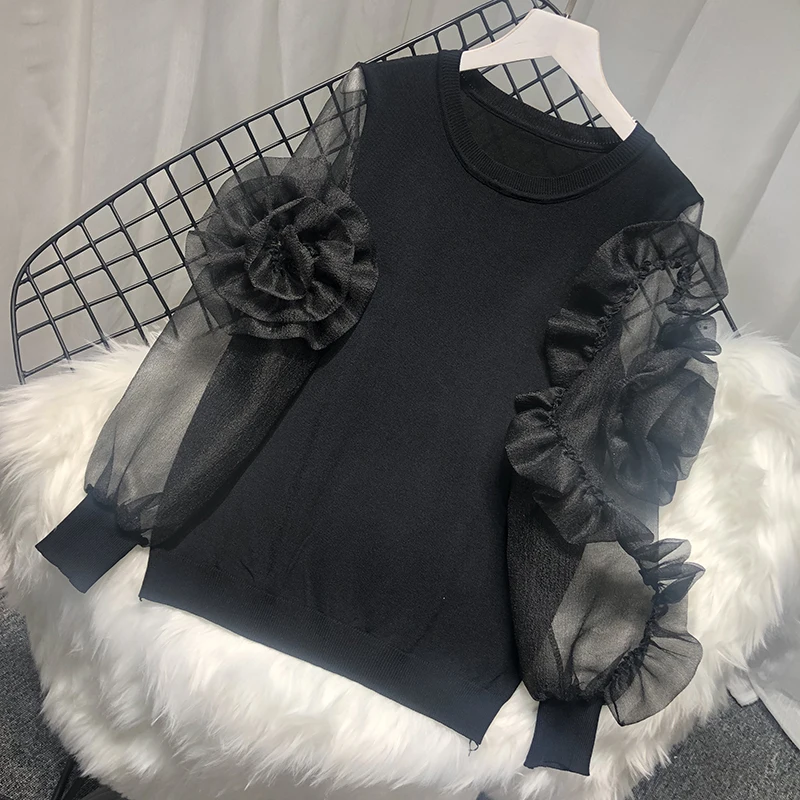 ALPHALMODA стерео цветок Oganza рукав трикотажная рубашка Женская свободная винтажная вязанная Топ стиль осень винтажный джемпер осень