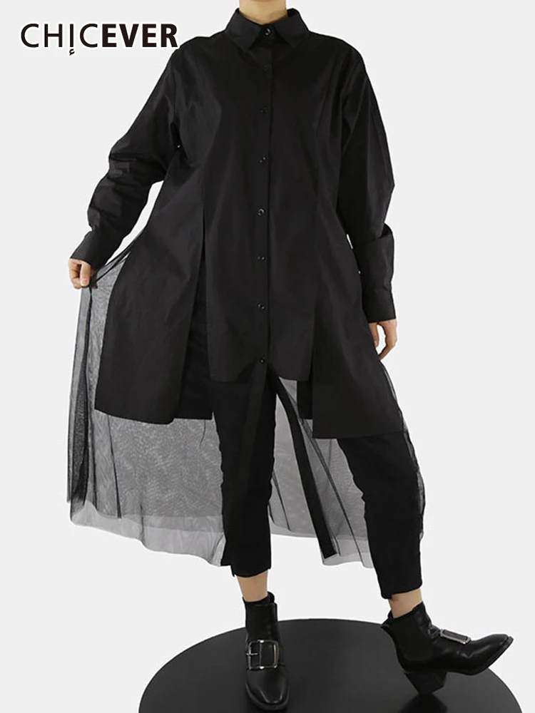 

CHICEVER Black Patchwork Mesh Blouses For Women Lapel Loose Long Sleeve Single Breasted Open Stitch Female 2021 Autumn Clothing