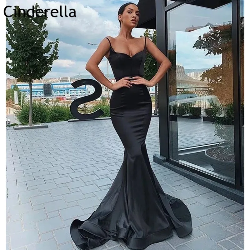 

Black Prom Dresses Spaghetti Straps Sleeveless Floor Length Sweep Train Zipper Satin Prom Dresses vestidos de fiesta de noche