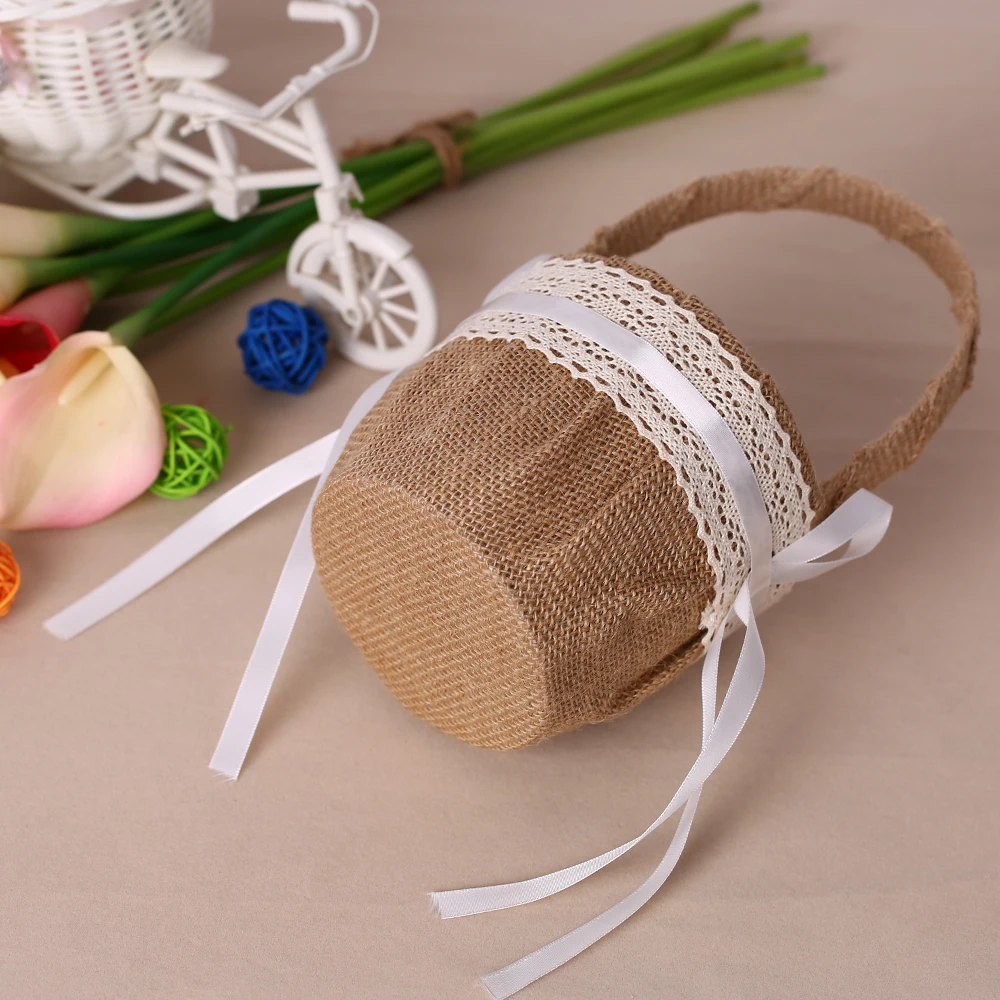 Горячая Ретро джутовая Мешковина кружевная Свадебная Цветочная корзина