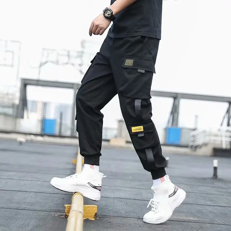 

Men's Side Pockets Cargo Harem Pants 2021 Ribbons Black Hip Hop Casual Male Joggers Trousers Fashion Casual Streetwear Pants