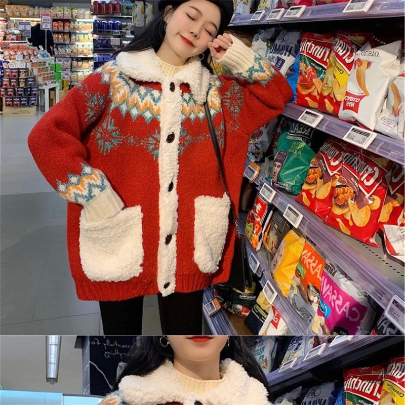 Spring Autumn Cardigan Sweater Women Red Loose Fashion All-match Outer Wear Mid-Length Small Thick Knitted Jacket M118