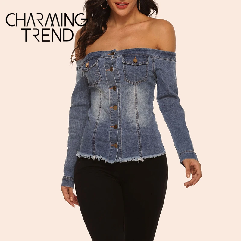 Блузка женская джинсовая с длинным рукавом шикарная пикантная рубашка из денима