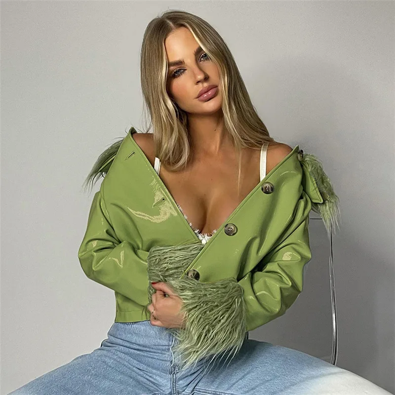 

Black PU Leather Jacket Women Turn Down Faux Fur Autumn Winter Green Brown Long Sleeve Fashion Coat Cropped Casual