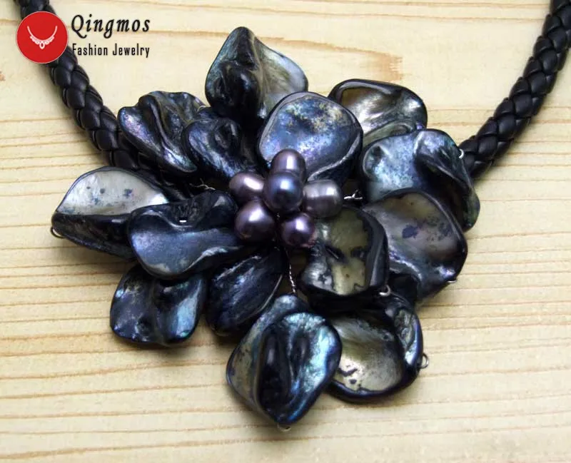 Qingmos 70mm Flower Black Shell Pendant Necklace for Women with Natural Pearl and 6mm Leather Rope 18'' Chokers | Украшения и
