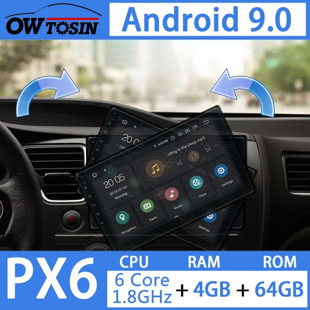 10," 180 ° вращающийся Android 9,0 PX6 4+ 64G 2 Din 2Din универсальный Радио Аудио Автомобильный мультимедийный DVD стерео плеер gps DSP Авто CarPlay