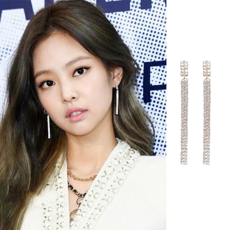 Kpop BLACKPINK JENNIE same корейская флэш-дрель серебряные игольчатые серьги-гвоздики Длинная кисточка, цепочка Висячие женские серьги для танцевальной вечеринки