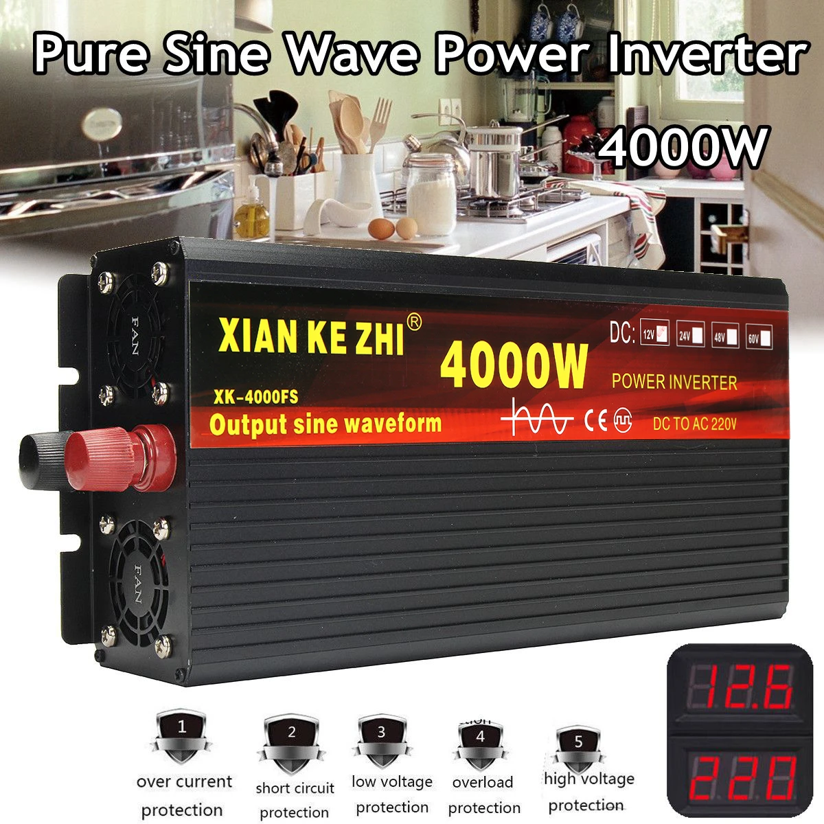 Инвертор 12 V/24 V 220V 2000/3000/4000W Напряжение трансформатор с немодулированным синусоидальным сигналом Мощность инвертор DC12V к переменному току 220V преобразователь+ 2 светодиодный Дисплей