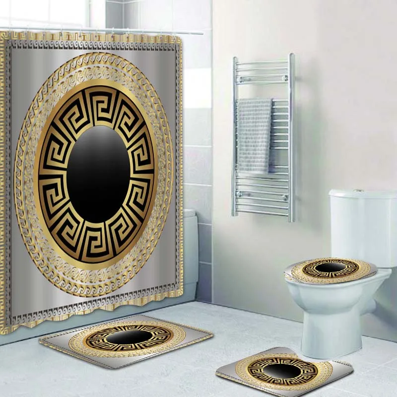 

Stylish Grecian Greek Key Meanders Mandala Pattern Shower Curtain and Rug Set Abstract Geometric Bathroom Mats Rugs Toilet Decor