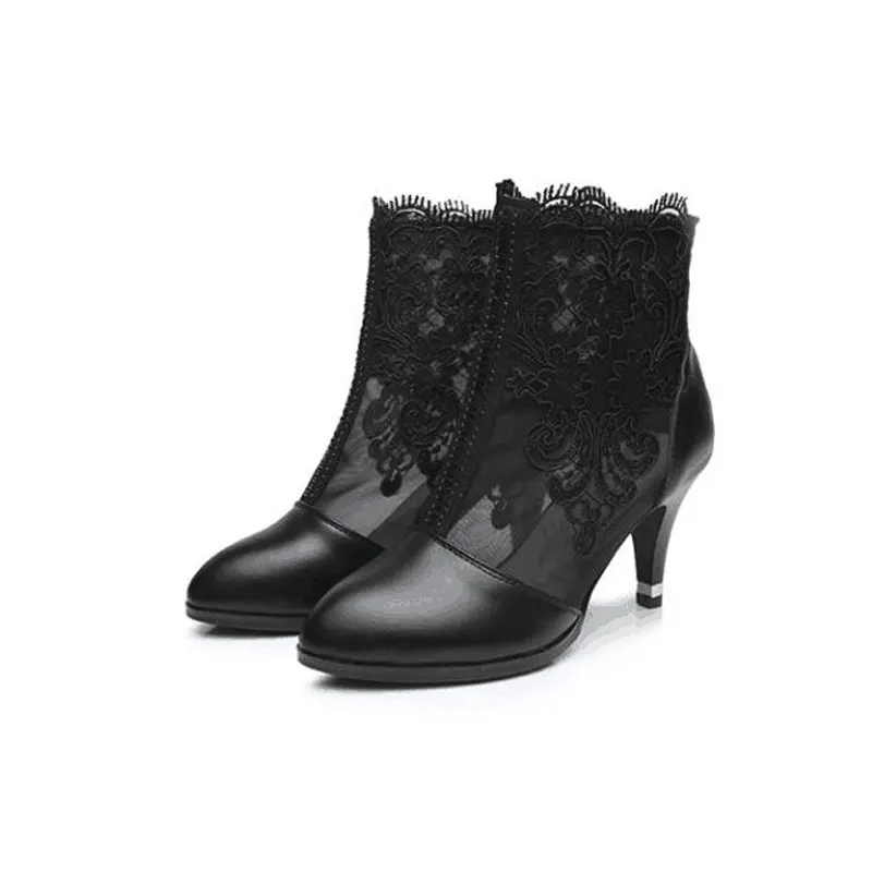 

Genuine Leather High Heels Mesh Boots Woman Fashion Sandals Boots Women Summer Heels Pointed toe Shoes for Female Black White