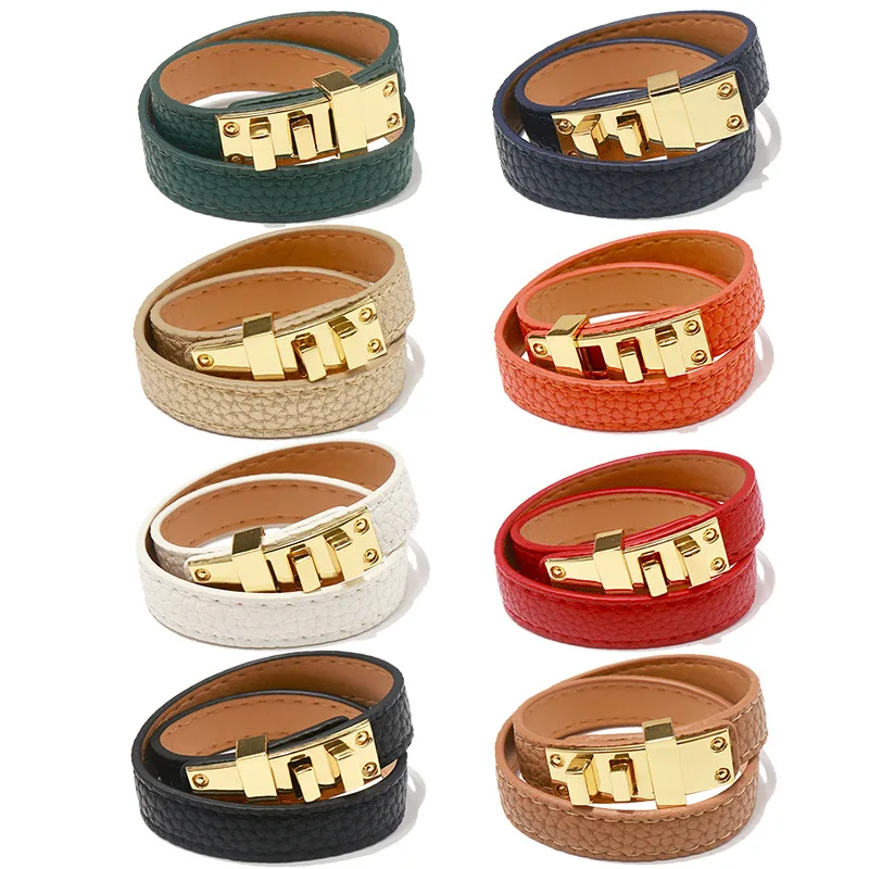 

PU Women Bracelet Candy Color Double Layer Punk Style PU Leather Bracelet &Bangle Suited Wrist About 17cm Drop shipping
