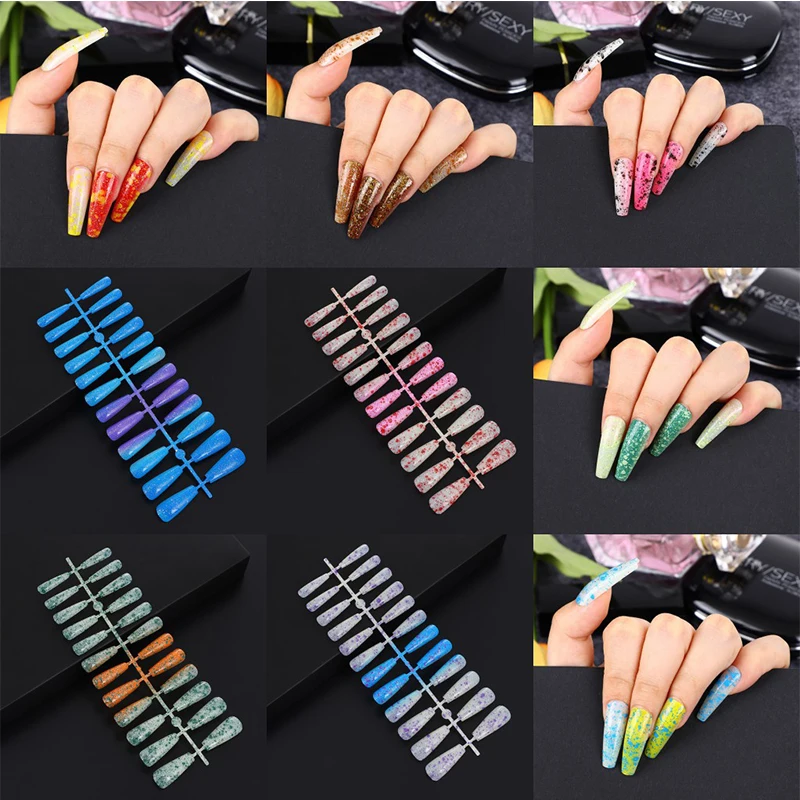 

24pcs/Box Detachable Butterfly Rhinestone Ballerina False Nails Wearable Long Coffin Fake Nails Full Cover Nail Tips With 032