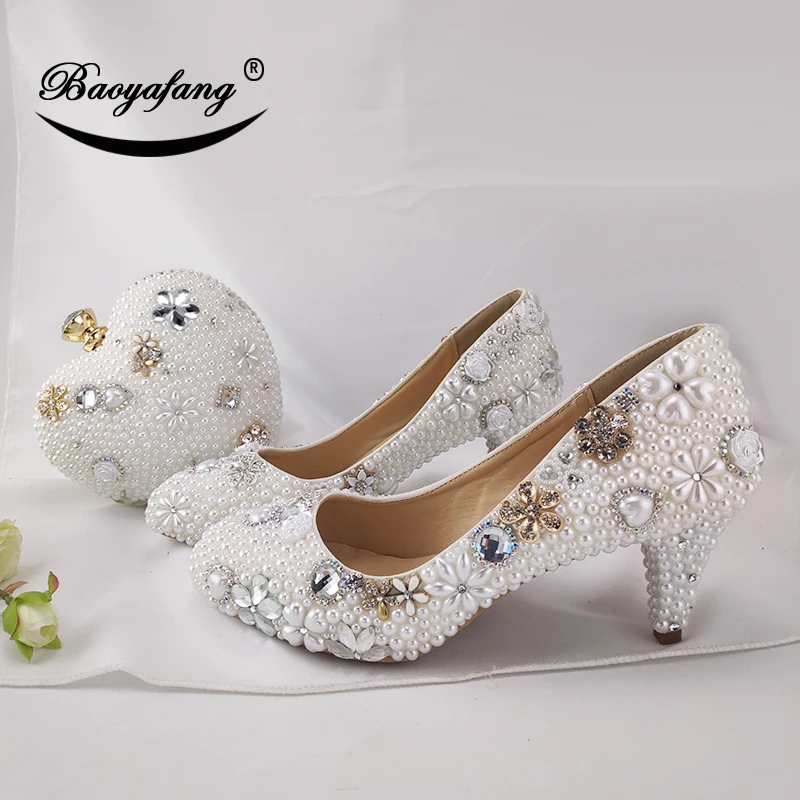 

BaoYaFang Women wedding shoes with matching bags High heels platform shoes Peacock Ladies Paty shoe and bag Round Toe Pumps