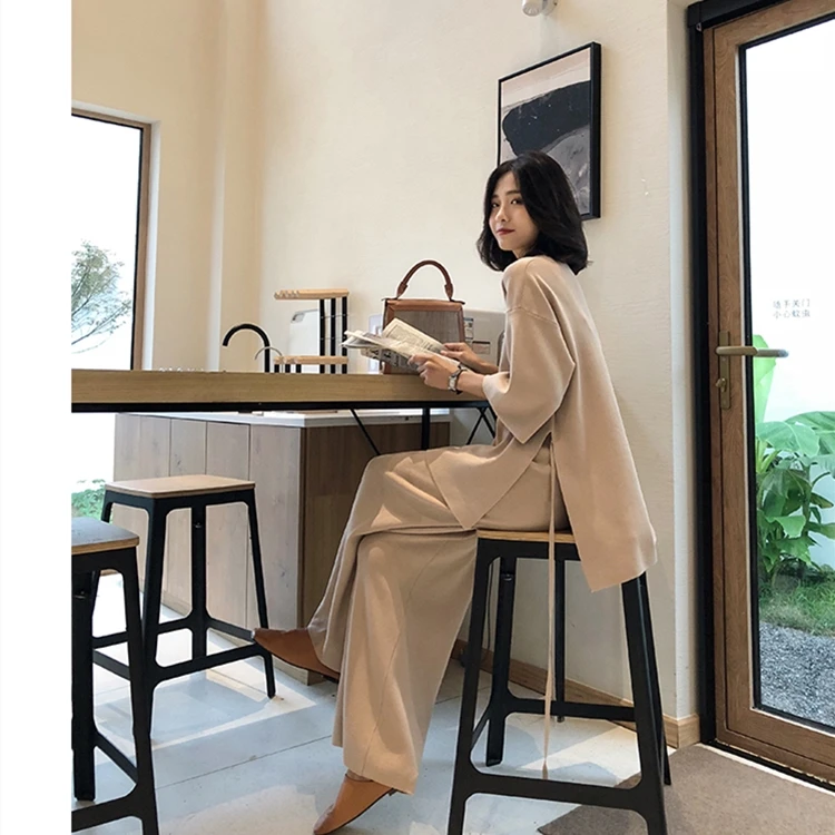 

Women Knit Tracksuit Sweater Pantsuit Two Piece Set Knitted Pullover V-neck Long Sleeve Bandage Top Wide Leg Pants Suit