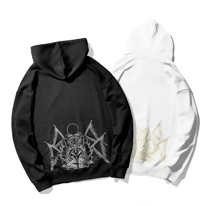 

Chinese Style Facial Makeup Embroidery Vintage Fleece-Lined Thickened Hooded Sweatshirt Men's Loose Plus Size Mens Hoodies