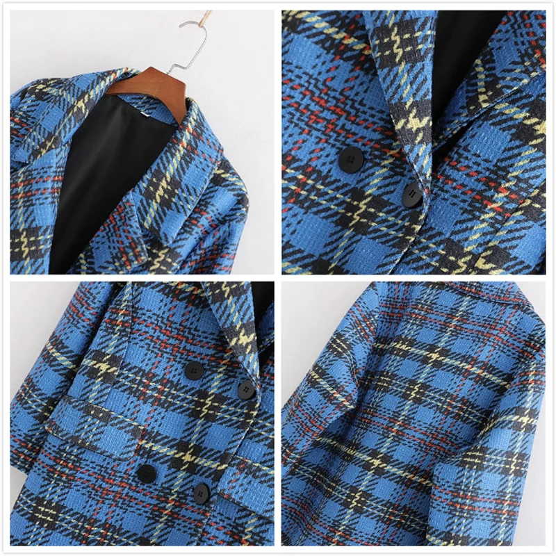 Женский шерстяной твидовый пиджак Винтажный Длинный блейзер в клетку с