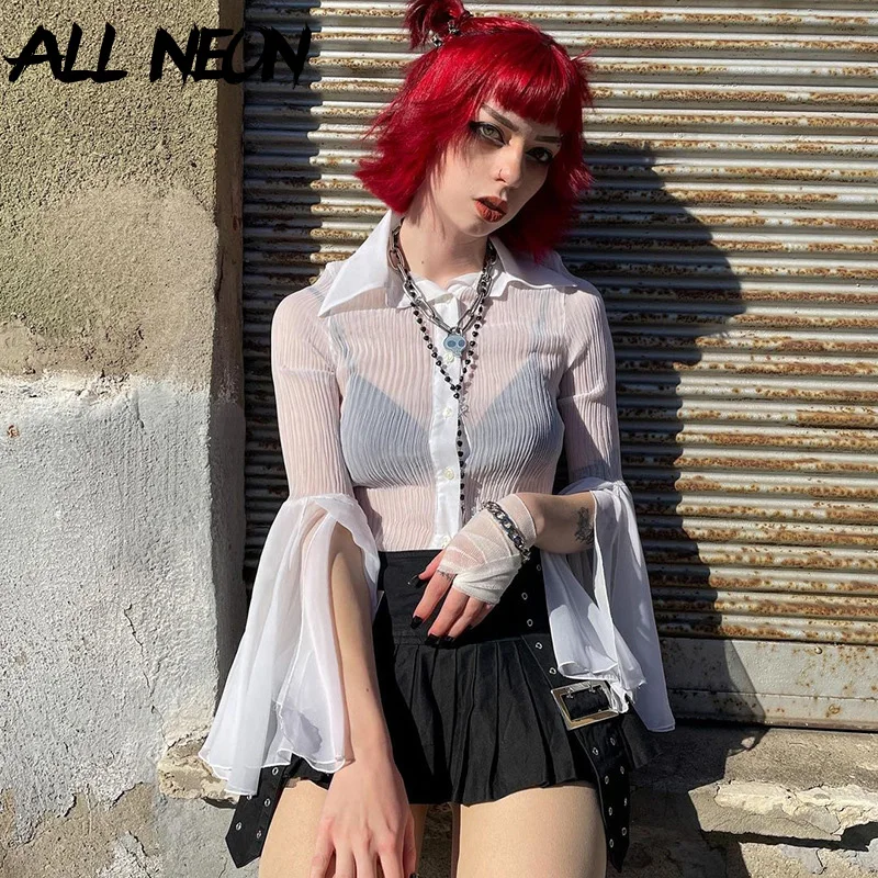 

ALLNeon Y2K Aesthetics Fashion Button Up Flare Sleeve White Chiffon Shirts E-girl Grunge Punk Turn-Down Collar Transparent Tops
