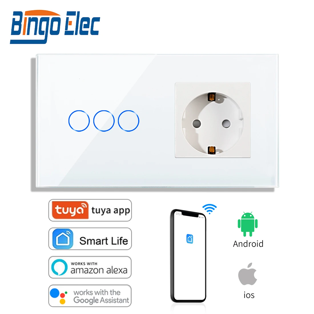 

Bingoelec WiFi Smart Touch 3Gang 1Way Switch With Wall 16A Power Socket EU Standard Tempering Glass Panel Light Control