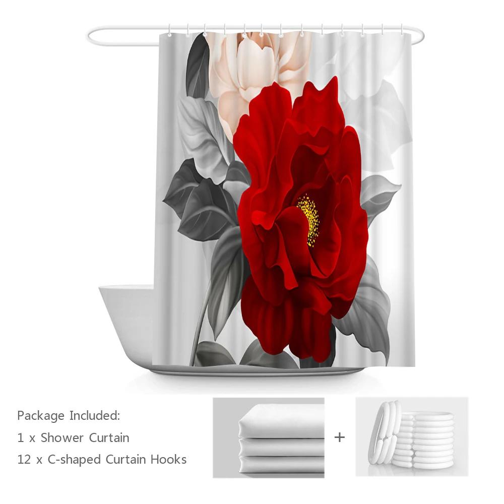 

Red Flower Shower Curtain Elegant Peony Bath Curtain for Bathroom Decor Spring Floral Bathtub Curtain