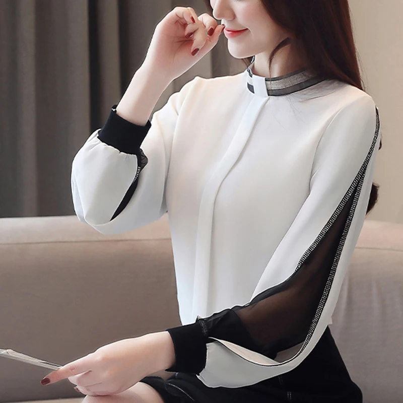 New 2020 Sexy Casual Hollow out Mesh korean Shirt Elegant Slim Stand Collar Women Tops blusa Chiffon Women Blouse Diamonds