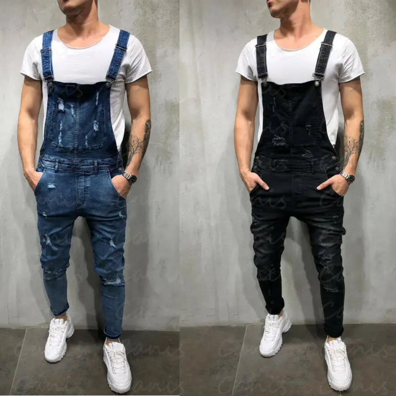 Стильный мужской комбинезон рваные штаны байкерские черные брюки повседневные