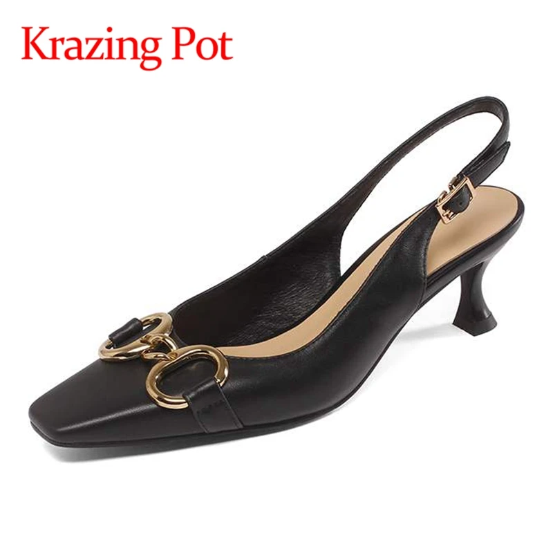 

Krazing pot new genuine leather square toe high heels shallow metal fasteners high fashion buckle straps mules sandals women L17