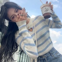 2021 autumn striped love hollow chic sweater women fashion slim pullover vintage o neck long sleeve casual knit soft warm jumper