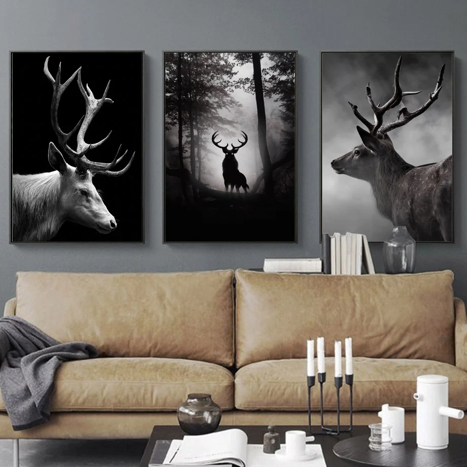 

Black White Elk Deer Forest Landscape Wall Art Canvas For Living Room DecorPainting Nordic Posters And Prints Wall Pictures