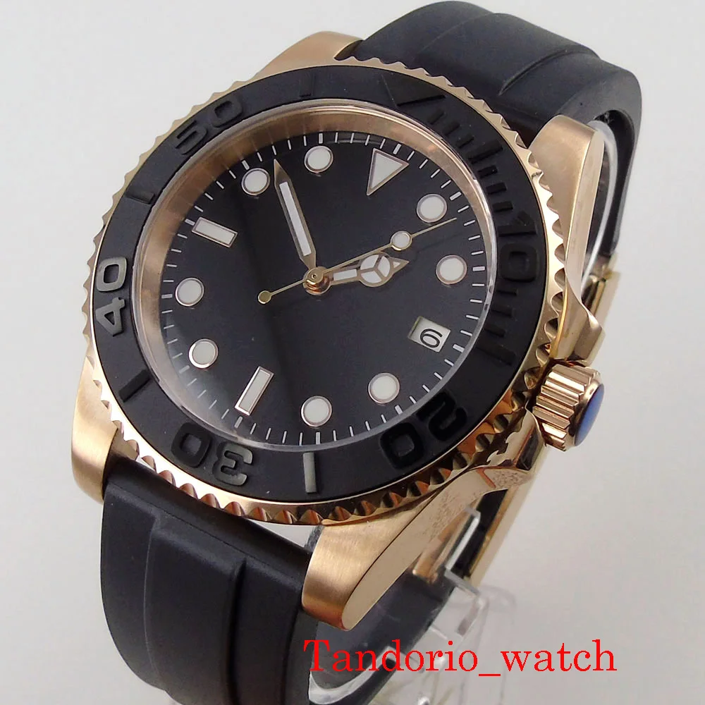 

40mm Bliger Japan NH35A MIYOTA 8215 Sterile Rose Gold Plated Automatic Men Watches Sapphire Crystal Rubber Strap Rotating Bezel
