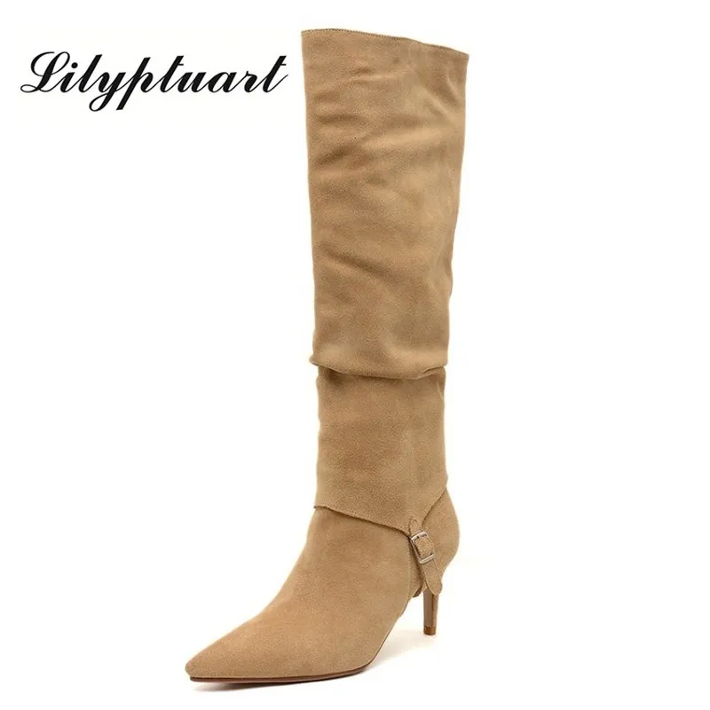 Женские ковбойские сапоги до колена Сапоги середины бедра из коровьей замши