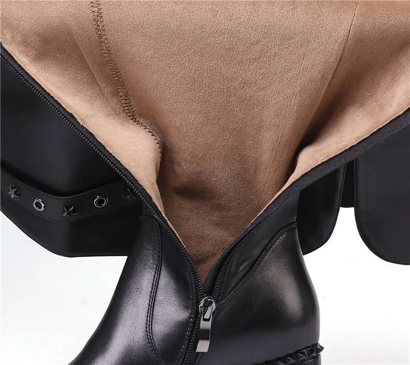 Meotina Winter Over The Knee Boots Women Natural Genuine Leather Buckle Thick High Heel Long Boots Zip Pointed Toe Shoes Lady 42