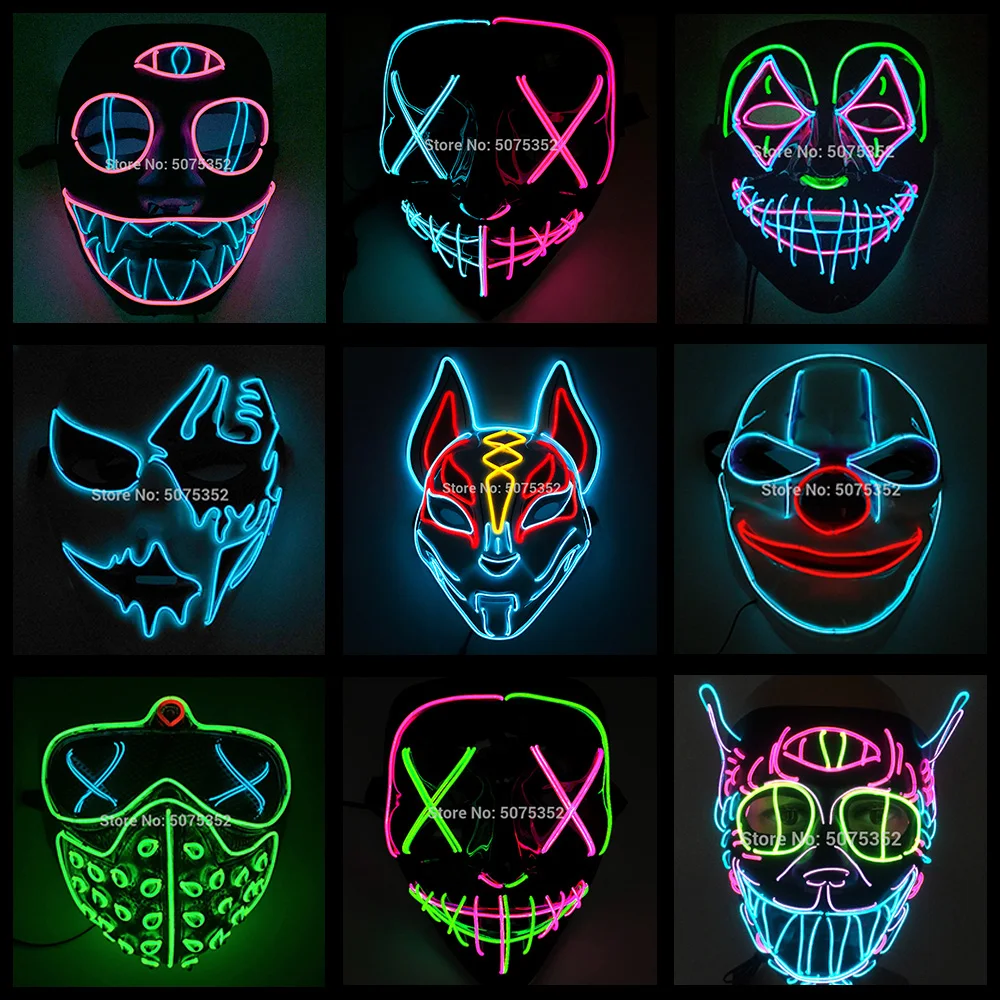 2021 Лидер продаж Мода LED маски светящиеся Хэллоуин вечерние Маска неон EL маска для