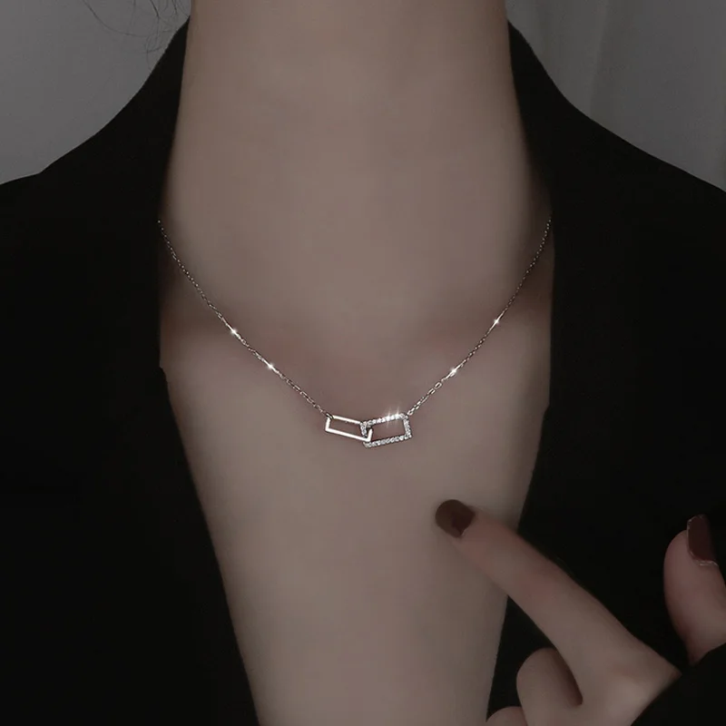 

New Silver Plated Double Rectangle Zircon Shiny Geometric Zirconia Pendant Necklace 2021 Trend Jewelry Gift For Girl Choker