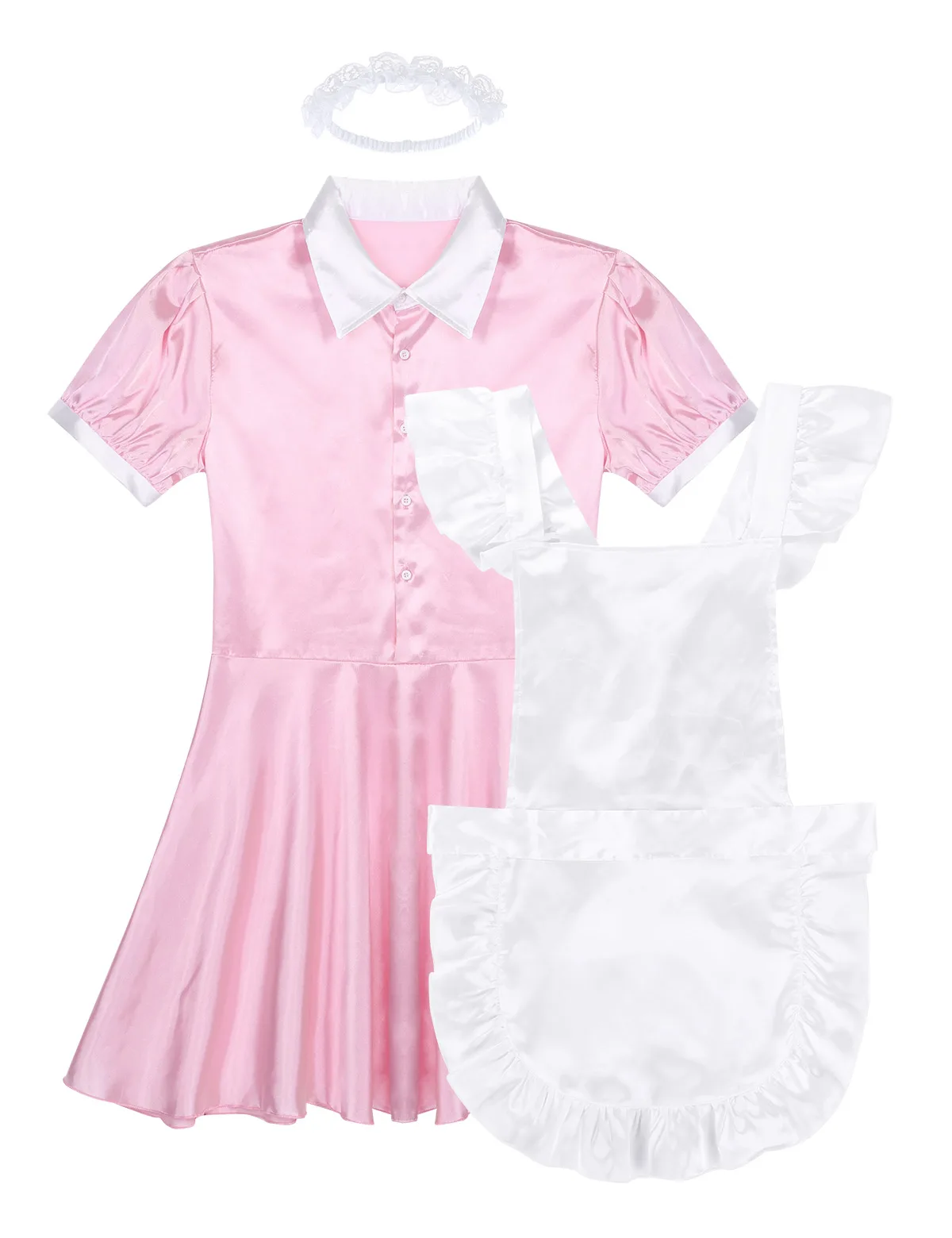 Mens Sissy Crossdresser Fancy Maid Cosplay Costume Outfit Turn-down Collar Dress with Apron and Headband Carnival |