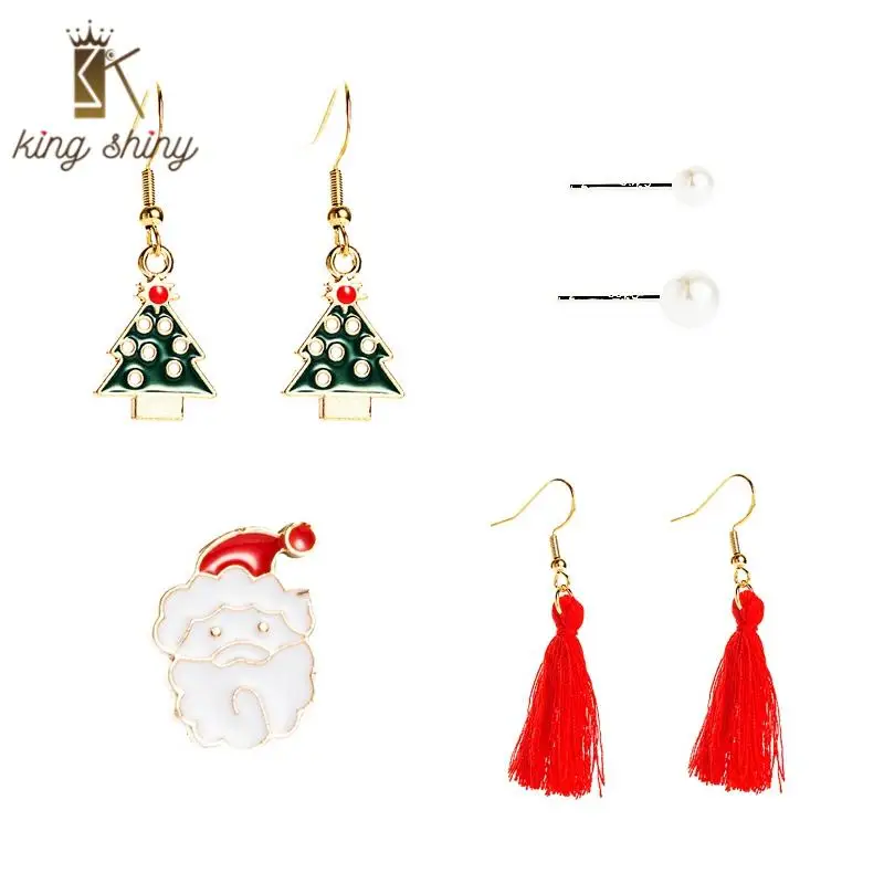 

4pcs/set Elegant Christmas Tree Santa Claus Christmas Earrings Vintage Simulated Pearl Tassel Earrings Christmas Gift for Girls