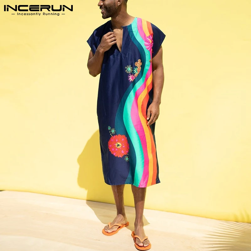 

Men Robes Printing O-neck Sleeveless Loose Cozy Casual Bathrobes Men 2022 Homewear Breathable Split Hem Nightgown S-5XL INCERUN