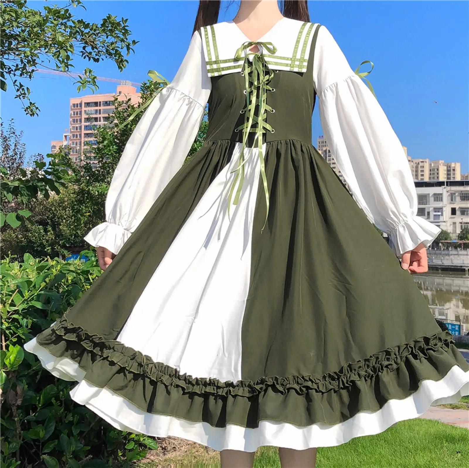 

Lolita Colorblock Dresses Green Gothic Dress Japanese Girl Vintage Punk Style Puff Sleeve Bandage Kawaii Dress Women Dresses