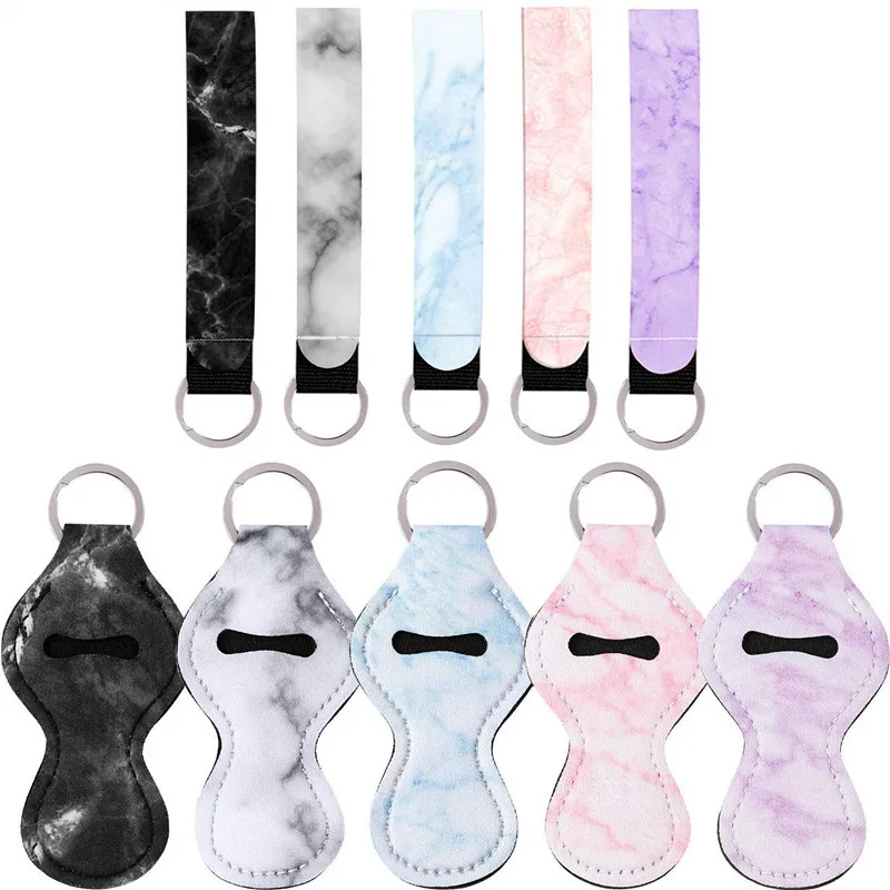 

100Set Marbling Chapstick Holder Keychains with Wristlet Lanyard Neoprene Lipstick Holder Keychain Best Party Gifts Wholesale